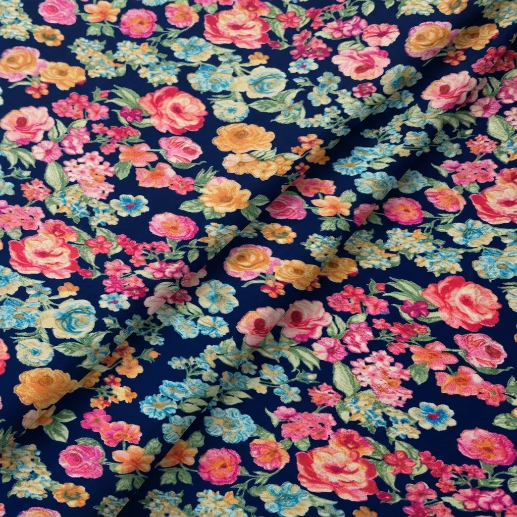Folded Navy Blue Floral Crepe Fabric