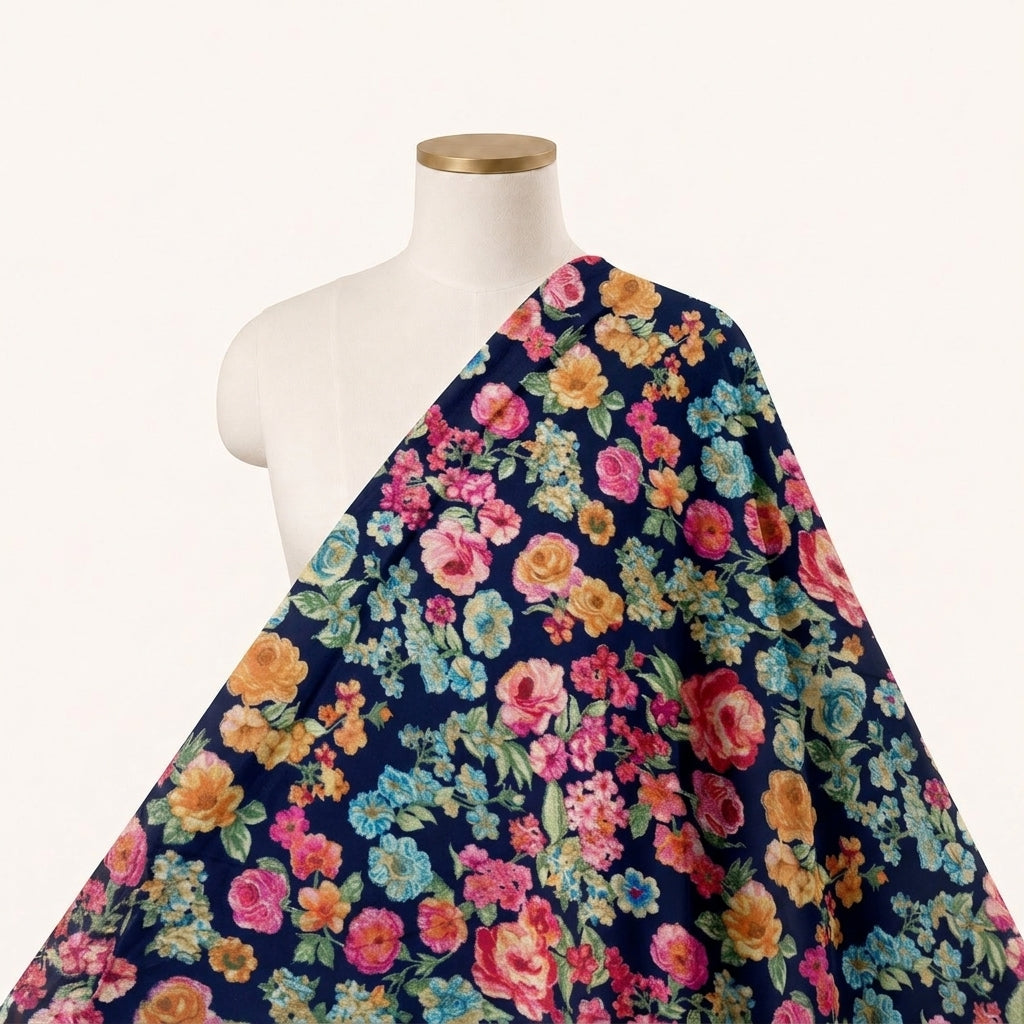 Navy Blue Floral Crepe Fabric Draped as a saree