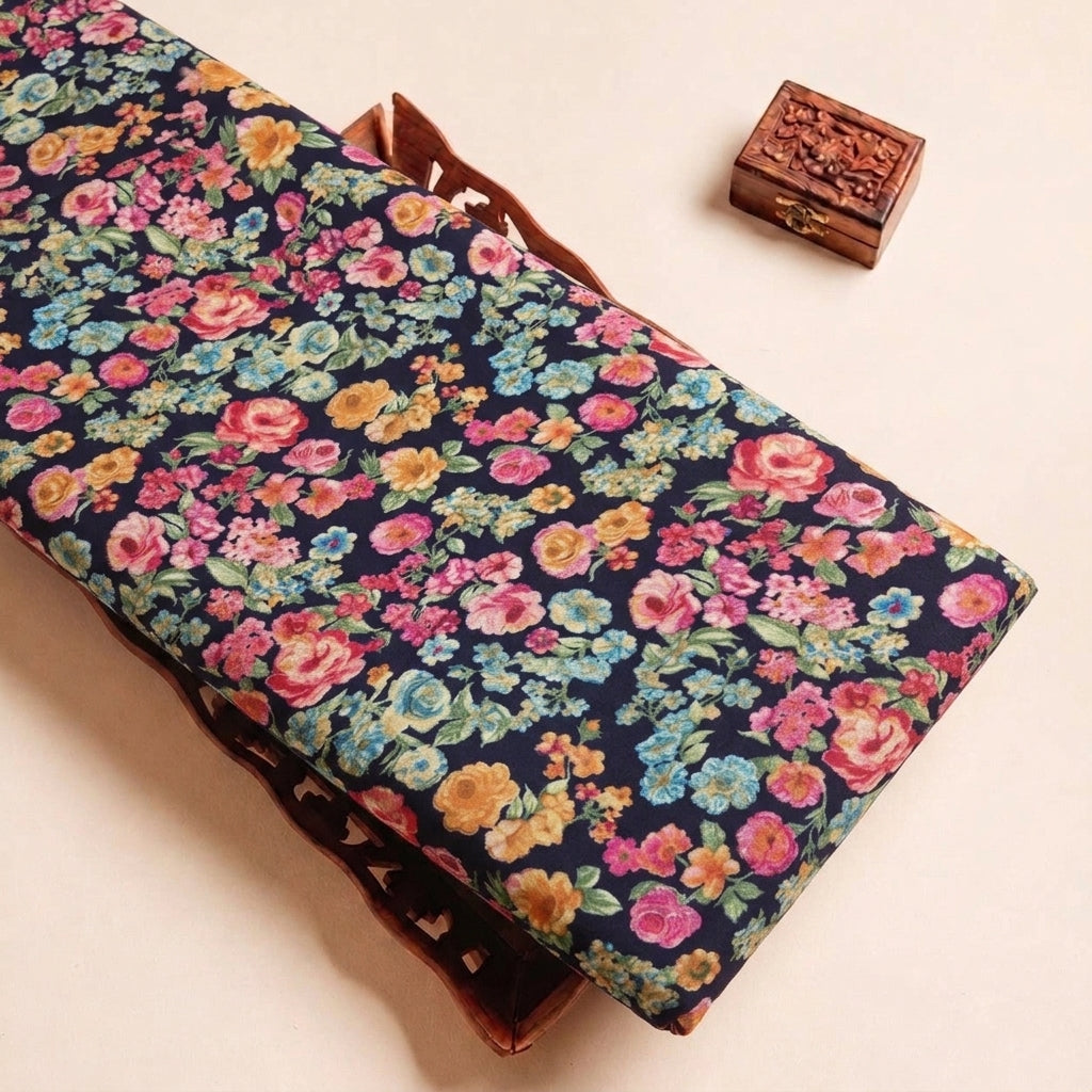 Folded Navy Blue Floral Crepe Fabric Highlighting Texture