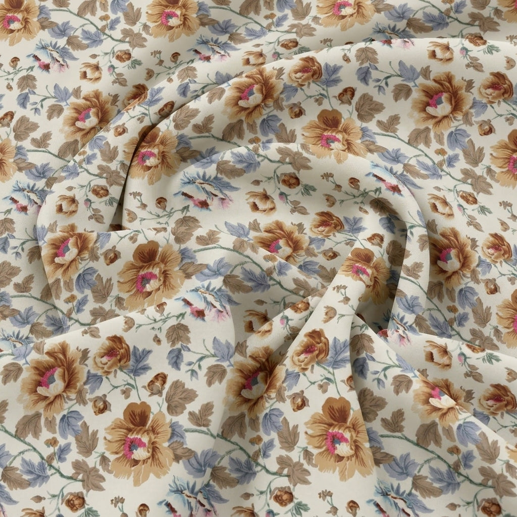 Swirled Cream Floral Crepe Fabric Showing Drape