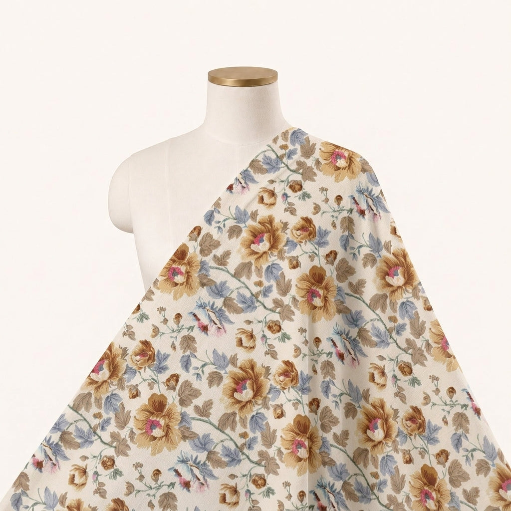 Cream Floral Crepe Fabric Draped as a saree