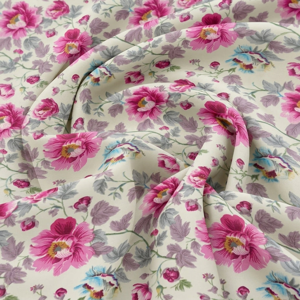 Swirled Cream Floral Crepe Fabric Showing Drape