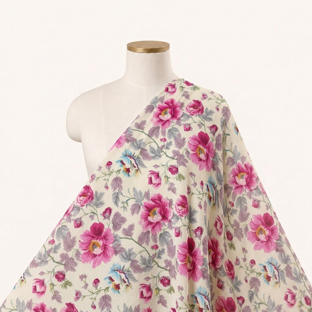 Cream Floral Crepe Fabric Draped as a saree