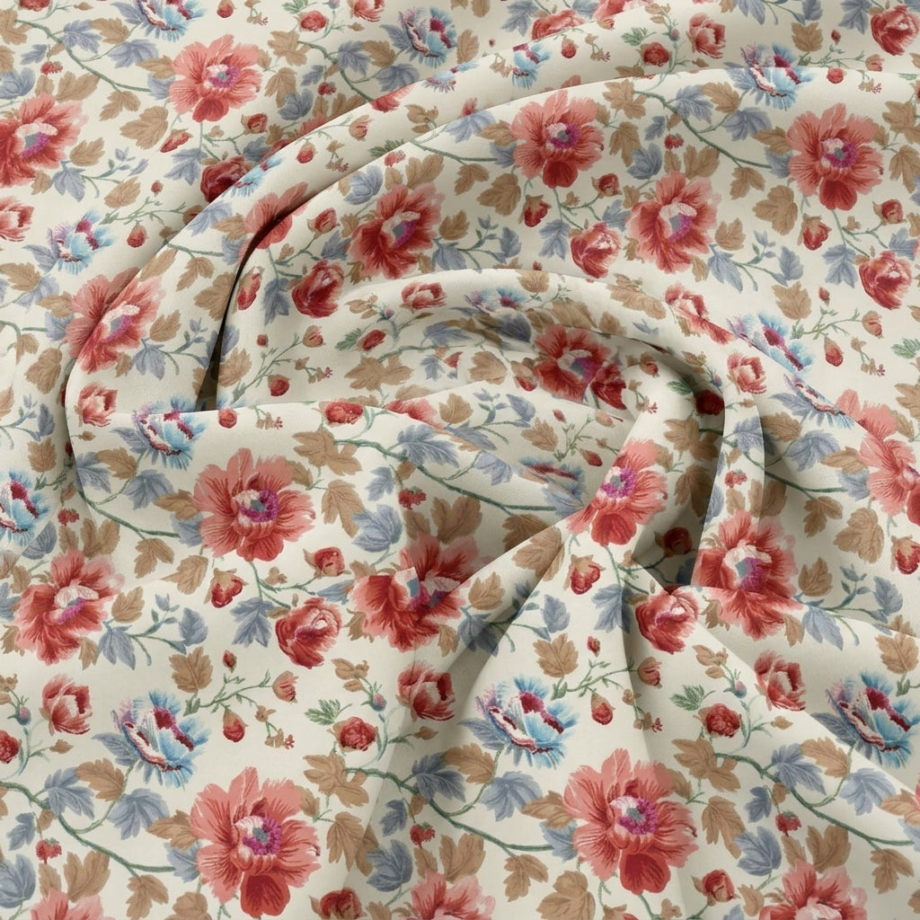 Swirled Cream Floral Crepe Fabric Showing Drape