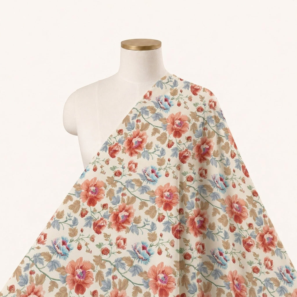 Cream Floral Crepe Fabric Draped as a saree