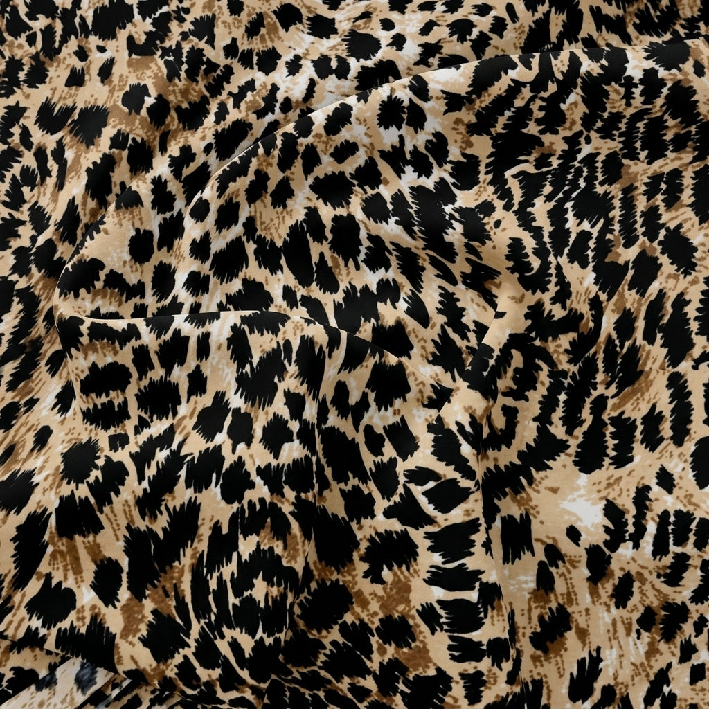 Swirled Brown Animal Print Crepe Fabric Showing Drape