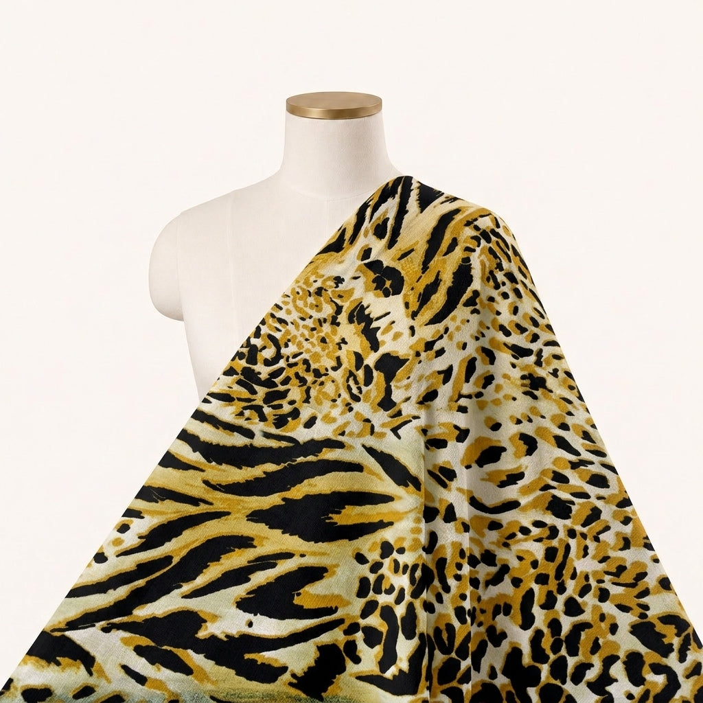 Yellow Animal Print Crepe Fabric, draped as a saree