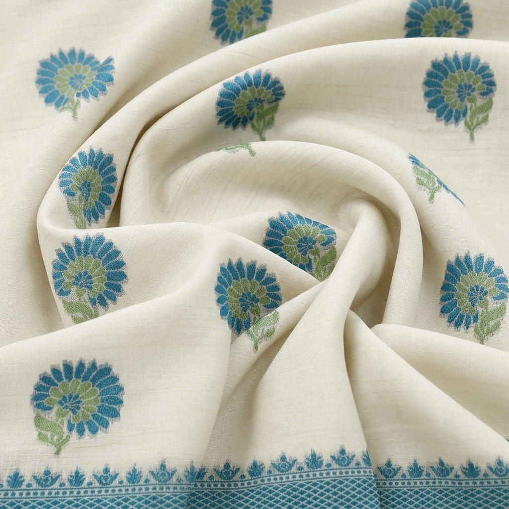 Swirled Cream Floral Chanderi Fabric Showing Drape