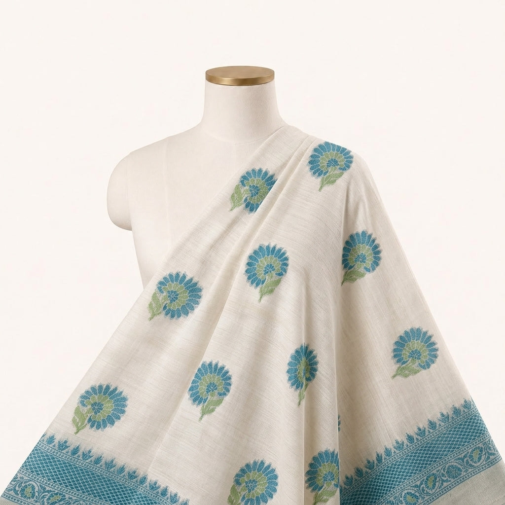 Cream Floral Chanderi Fabric, draped as a saree