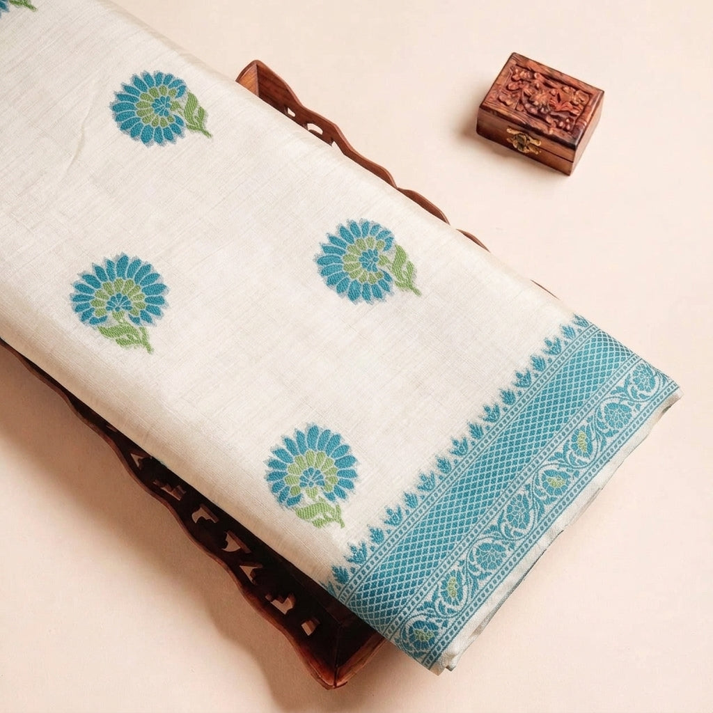 Cream Floral Chanderi Fabric, folded
