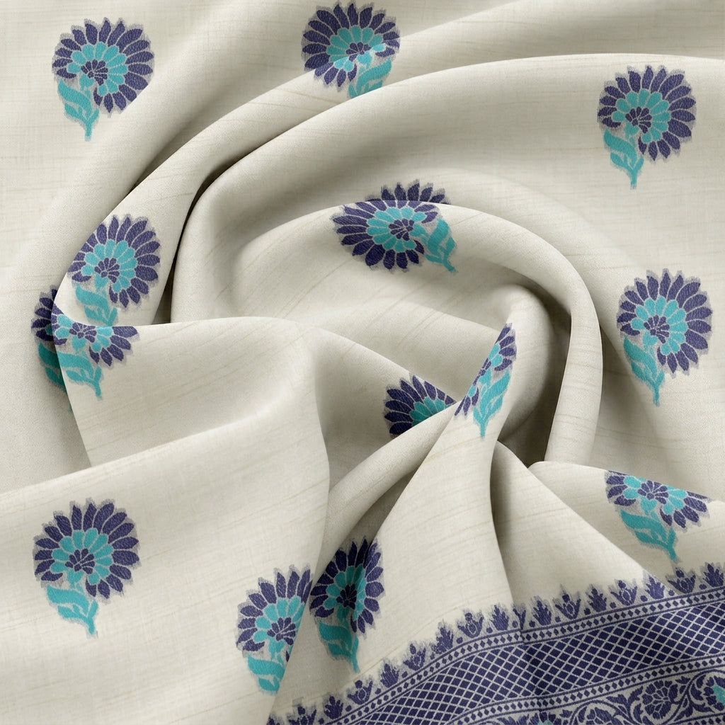 Swirled Cream Floral Chanderi Fabric Showing Drape