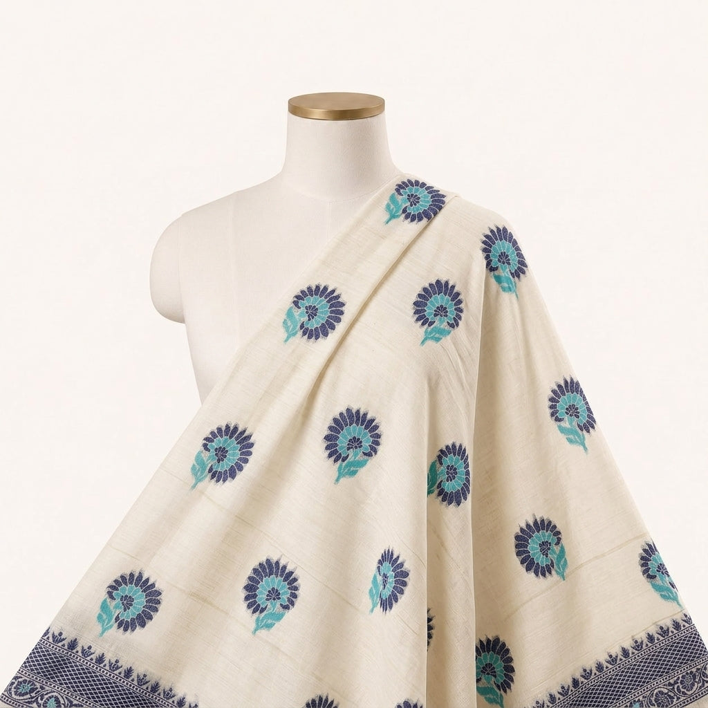 Cream Floral Chanderi Fabric Draped as a saree
