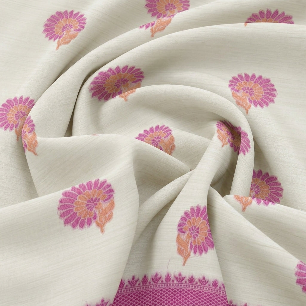 Swirled Cream Floral Chanderi Fabric Showing Drape
