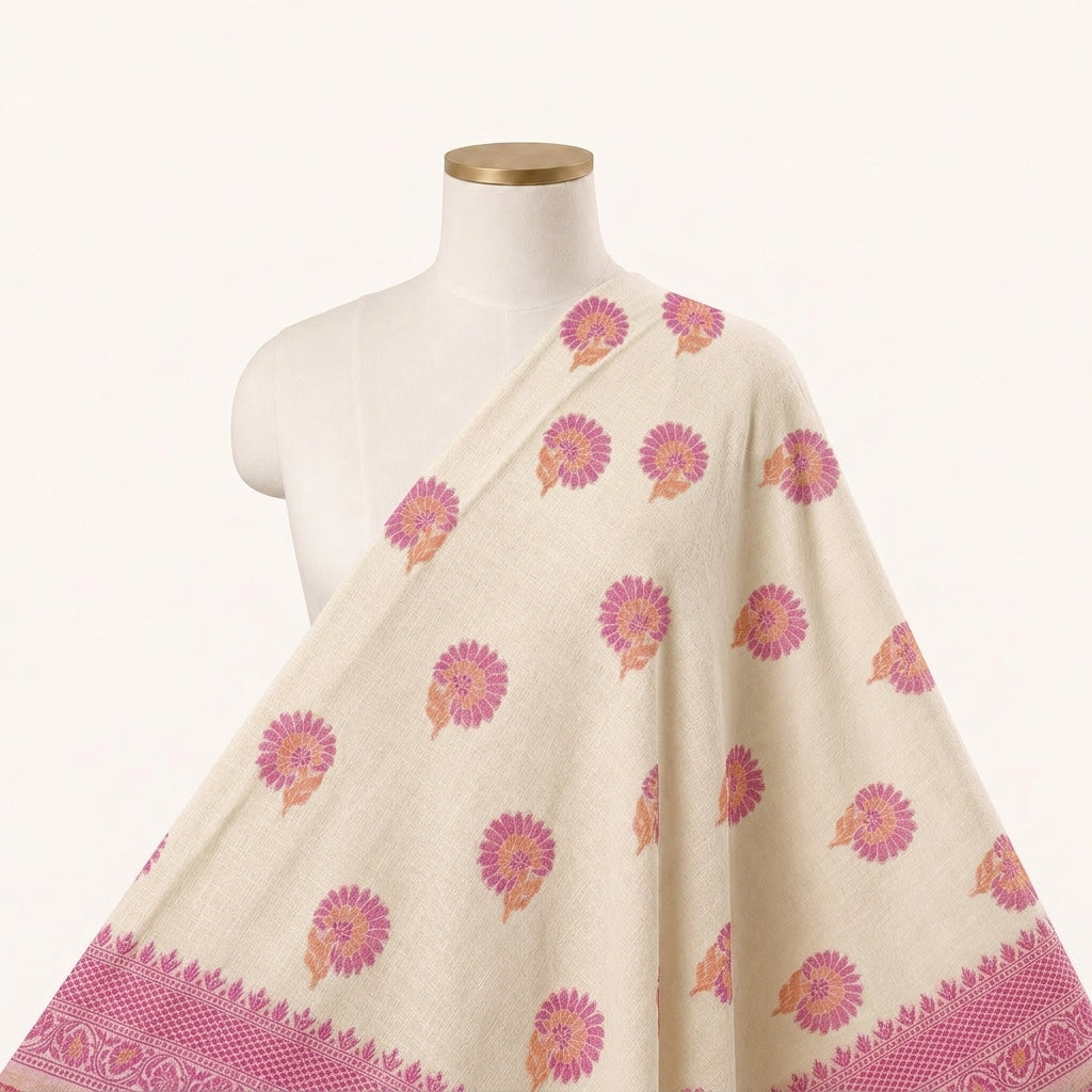 Cream Floral Chanderi Fabric Draped as a saree