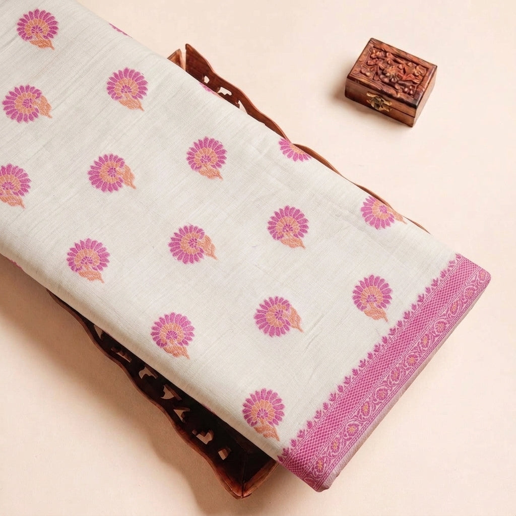 Cream Floral Chanderi Fabric, folded