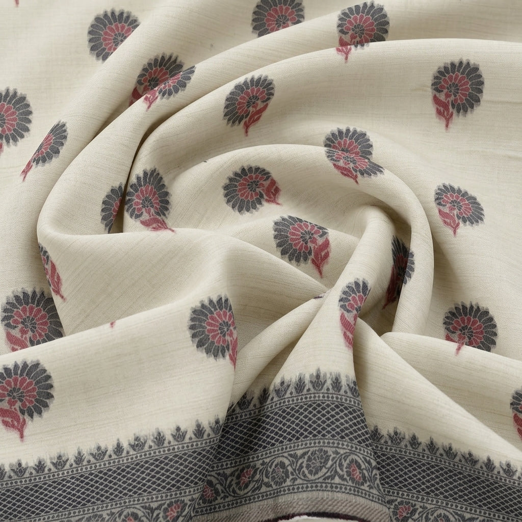 Swirled Cream Floral Chanderi Fabric Showing Drape