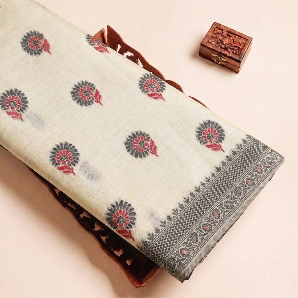 Cream Floral Chanderi Fabric, folded