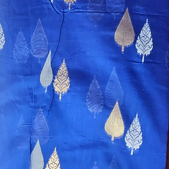 Royal Blue Zari Chanderi Fabric, laid flat