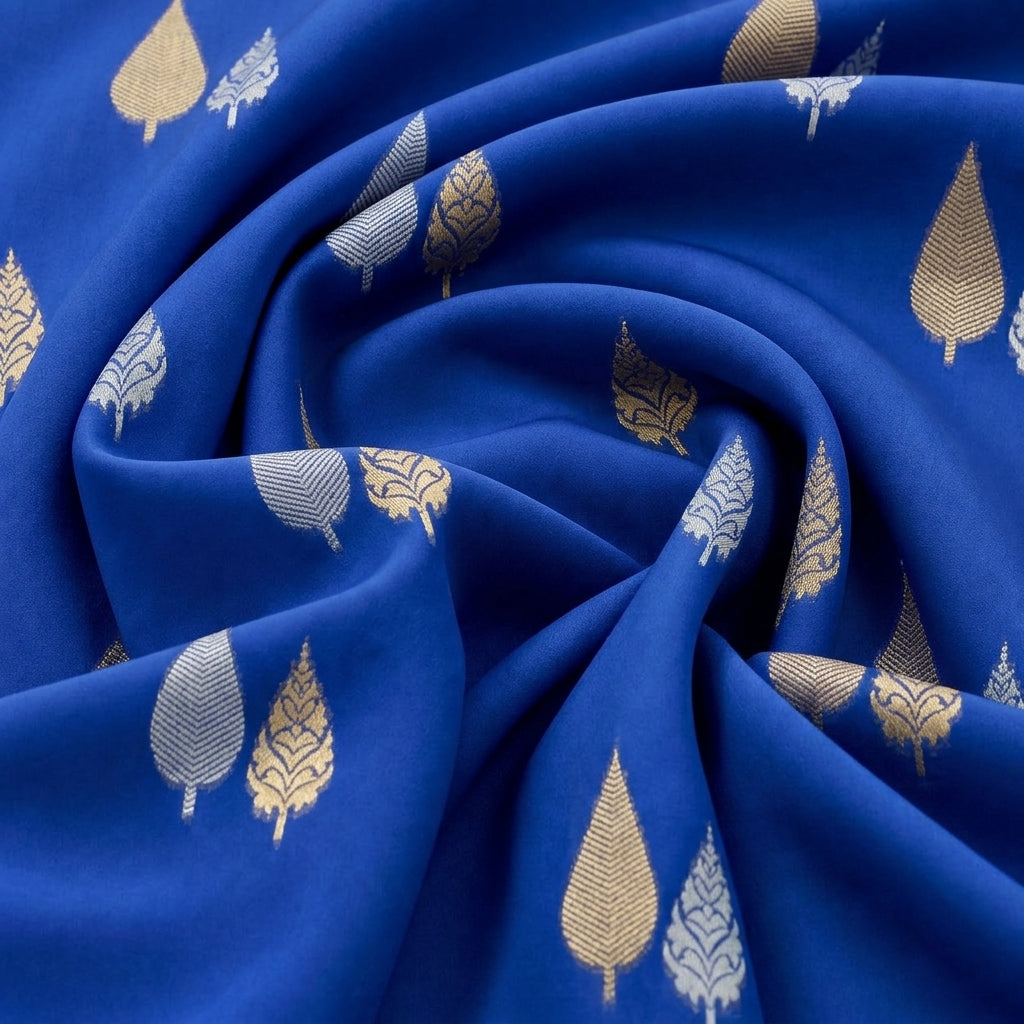 Swirled Royal Blue Zari Chanderi Fabric Showing Drape