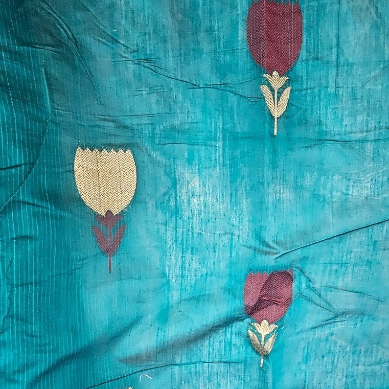Green Floral Chanderi Fabric, laid flat