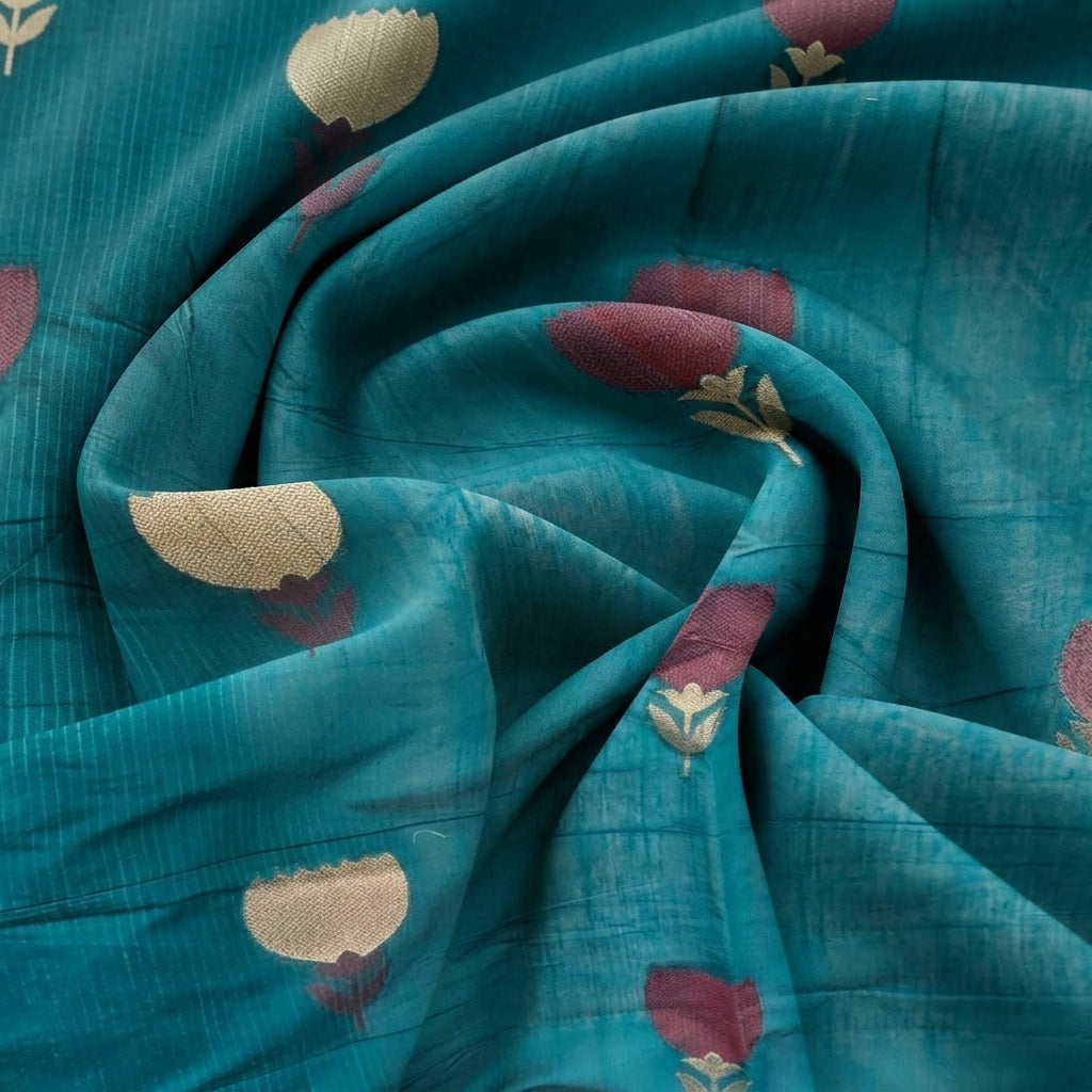 Green Floral Chanderi Fabric, swirled to show the drape