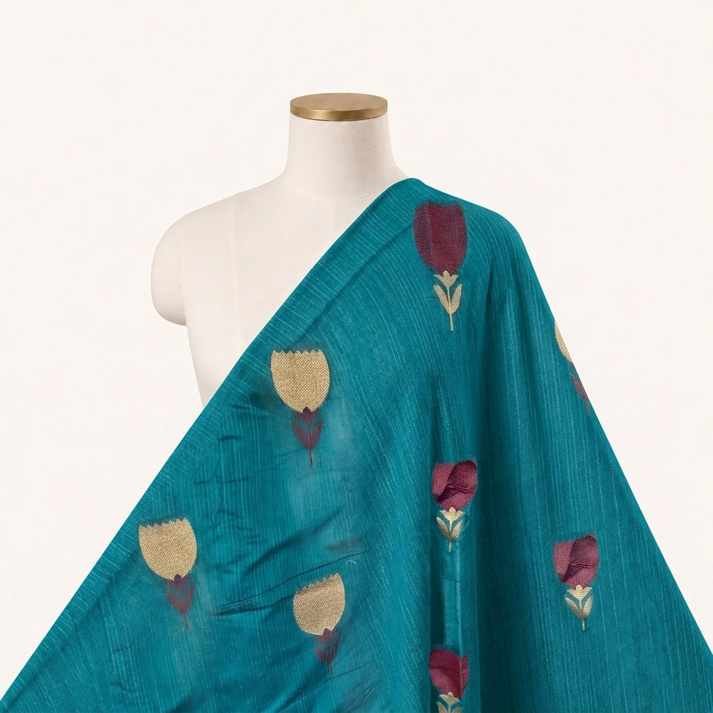 Green Floral Chanderi Fabric Draped as a saree