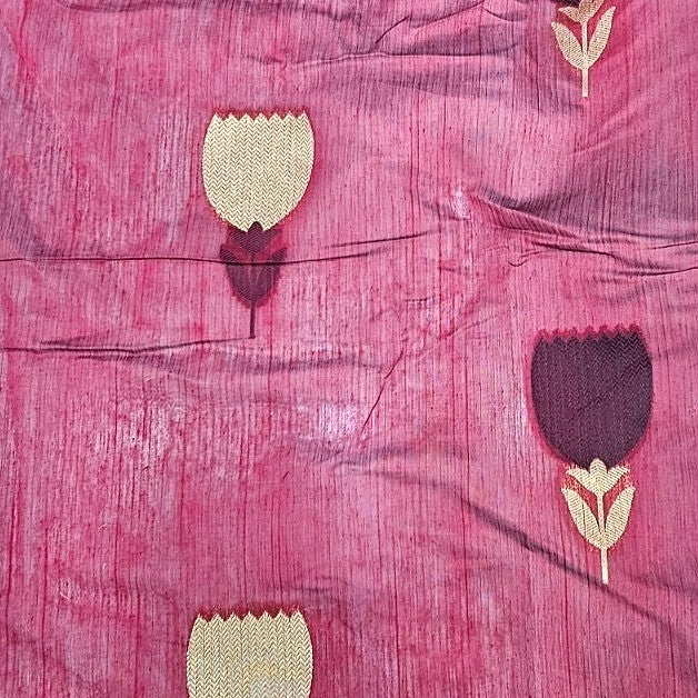 Green Floral Chanderi Fabric, laid flat