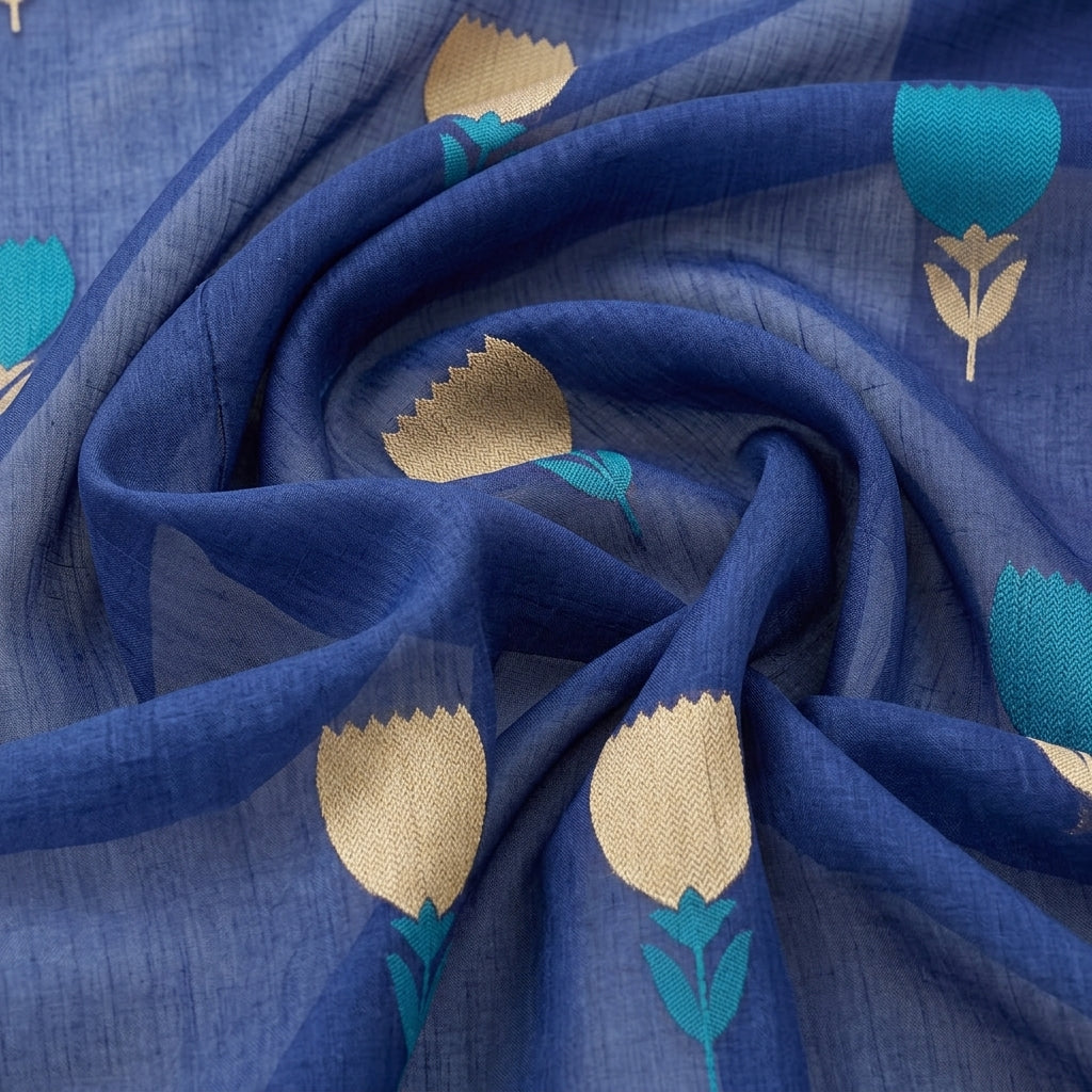 Swirled Green Floral Chanderi Fabric Showing Zari and Drape
