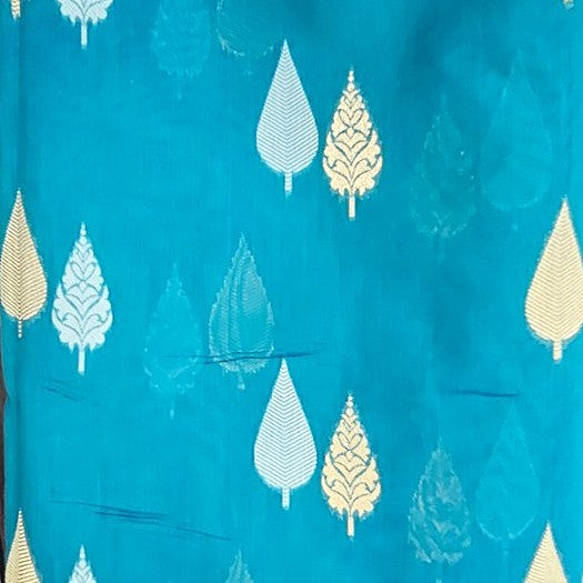 Blue Zari Chanderi Fabric, laid flat