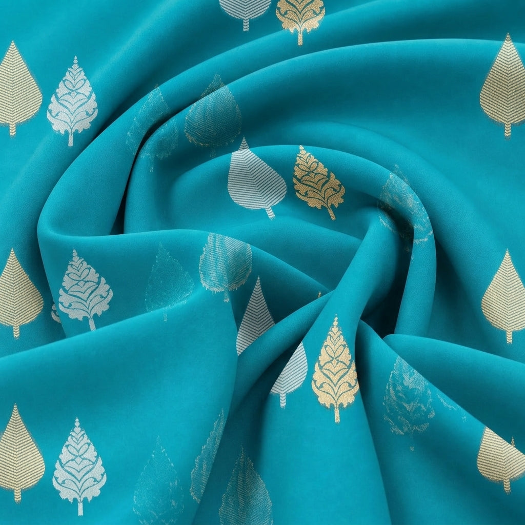 Swirled Blue Zari Chanderi Fabric Showing Drape