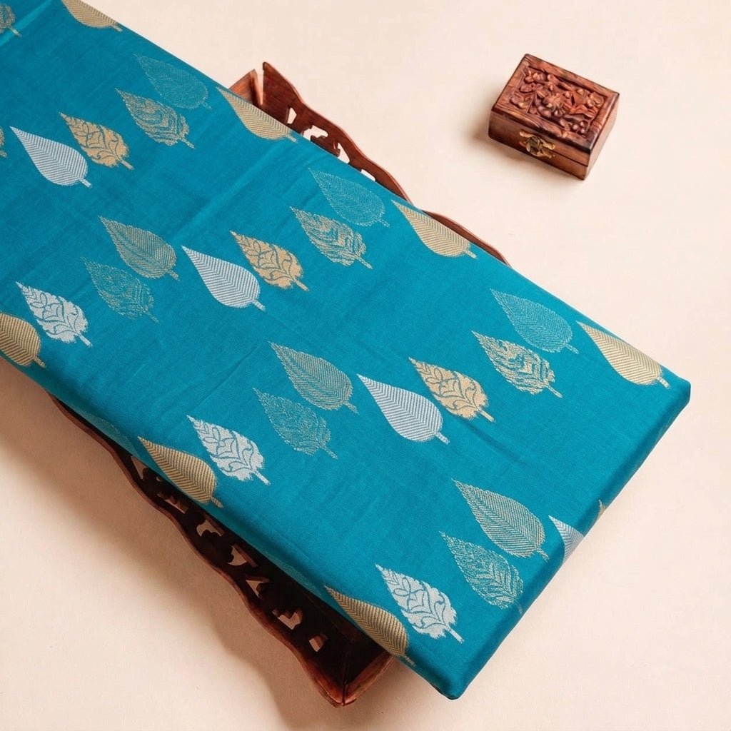 Blue Zari Chanderi Fabric, folded
