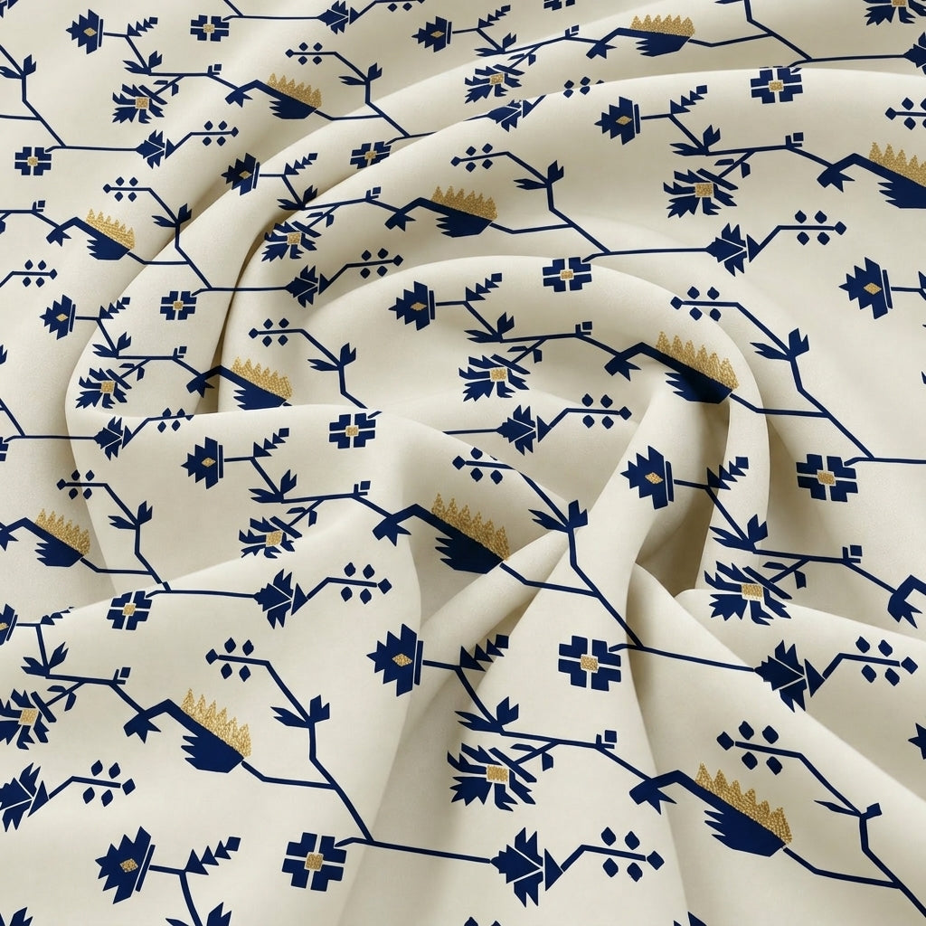 Swirled Cream Floral Chanderi Fabric Showing Zari and Drape