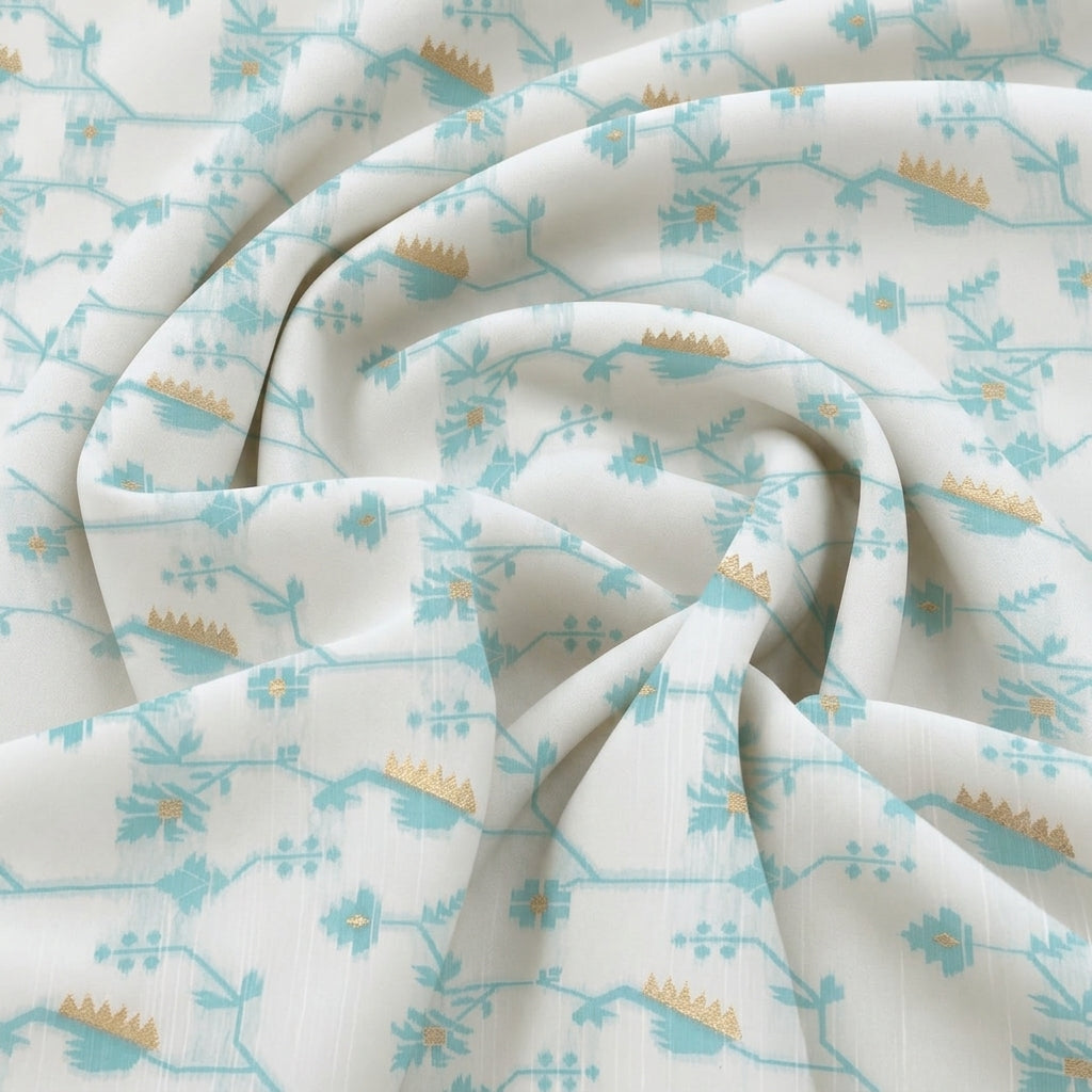 Swirled White Floral Chanderi Fabric Showing Zari and Drape