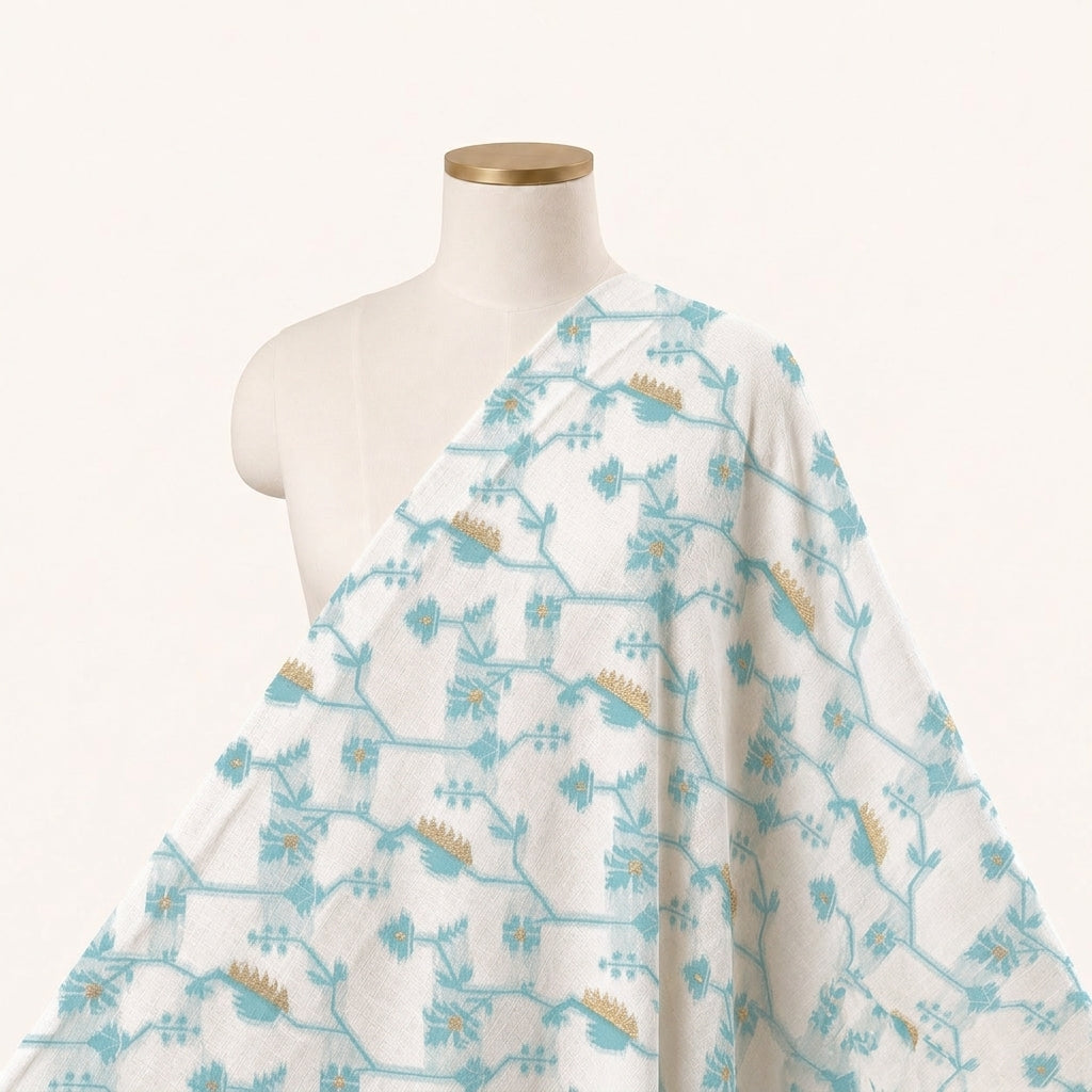 White Floral Chanderi Fabric Draped as a saree