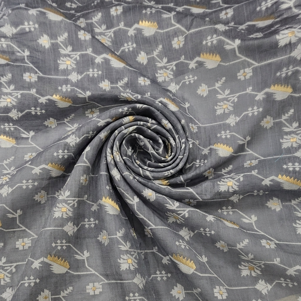 Swirled Grey Floral Chanderi Fabric Showing Zari and Drape