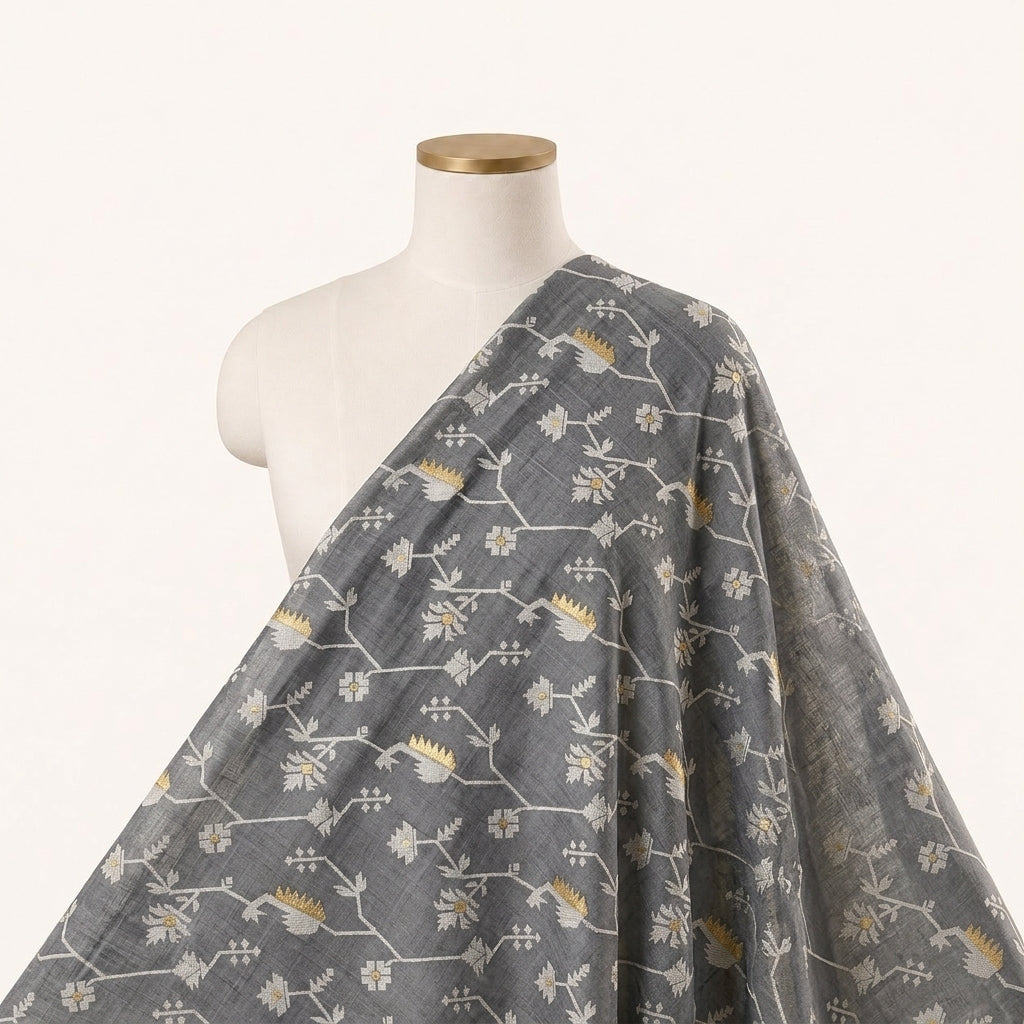 Grey Floral Chanderi Fabric Draped as a saree