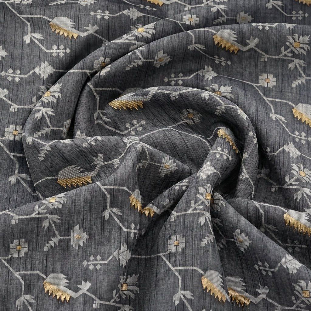 Swirled Black Floral Chanderi Fabric Showing Zari and Drape