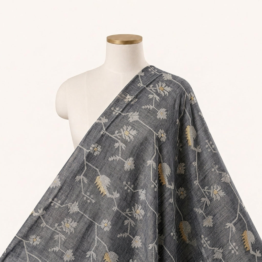 Black Floral Chanderi Fabric Draped as a saree