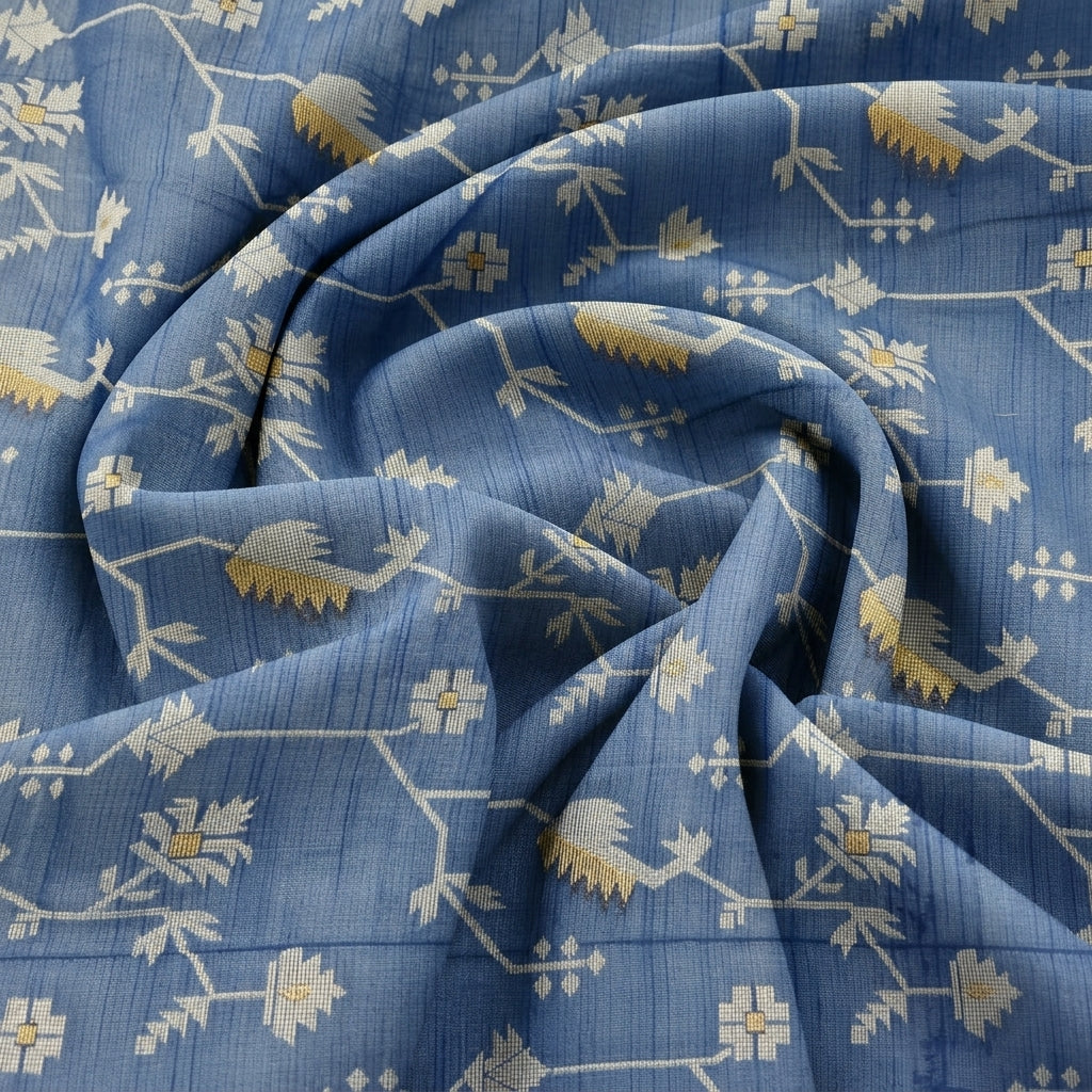 Swirled Blue Floral Chanderi Fabric Showing Zari and Drape