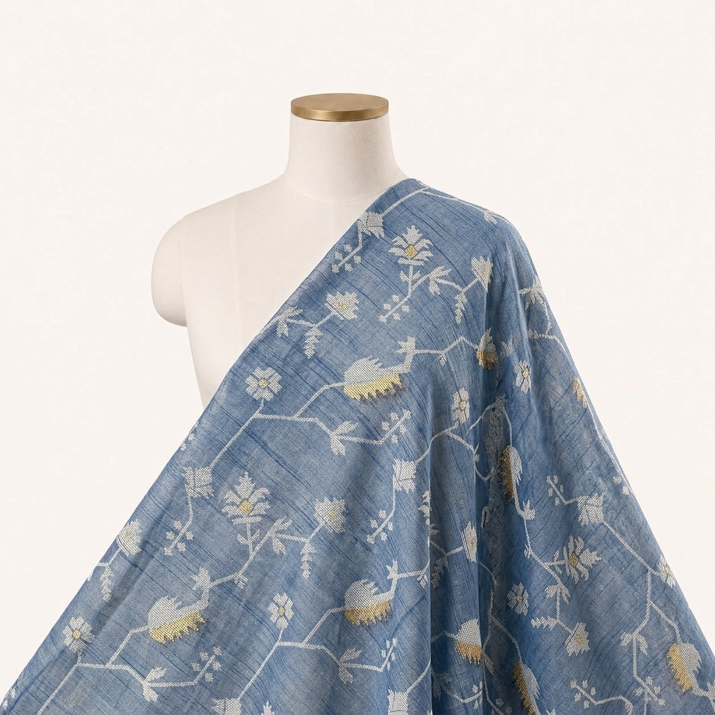 Blue Floral Chanderi Fabric Draped as a saree