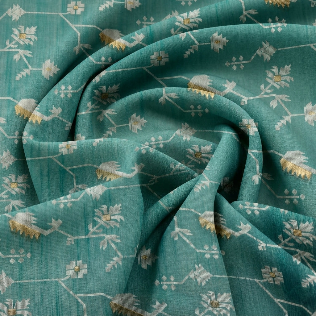 Swirled Green Chanderi Fabric Showing Zari and Drape