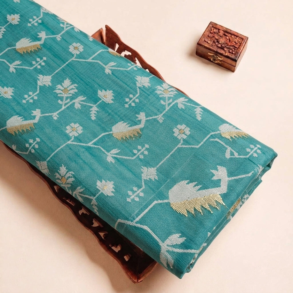 Folded Green Chanderi Fabric Highlighting Zari and Texture