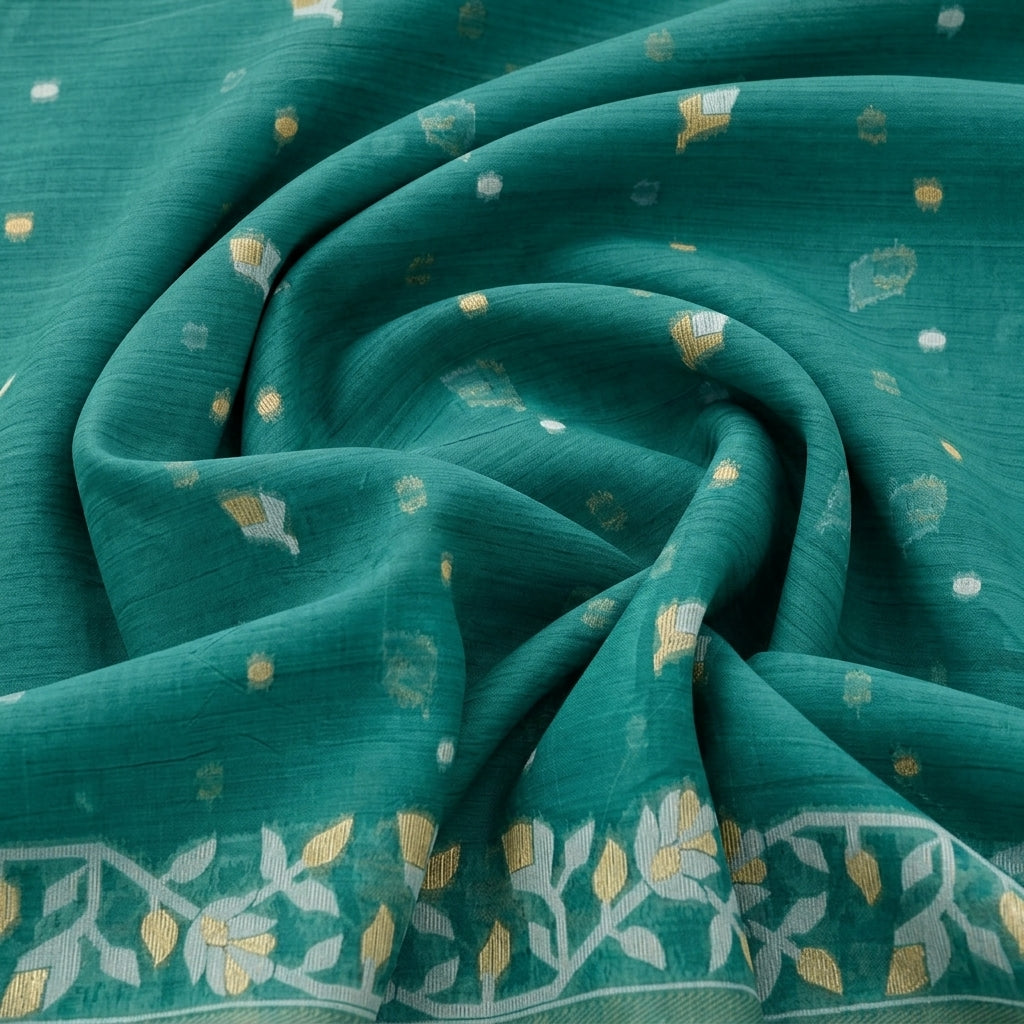 Swirled Green Zari Chanderi Fabric Showing Drape