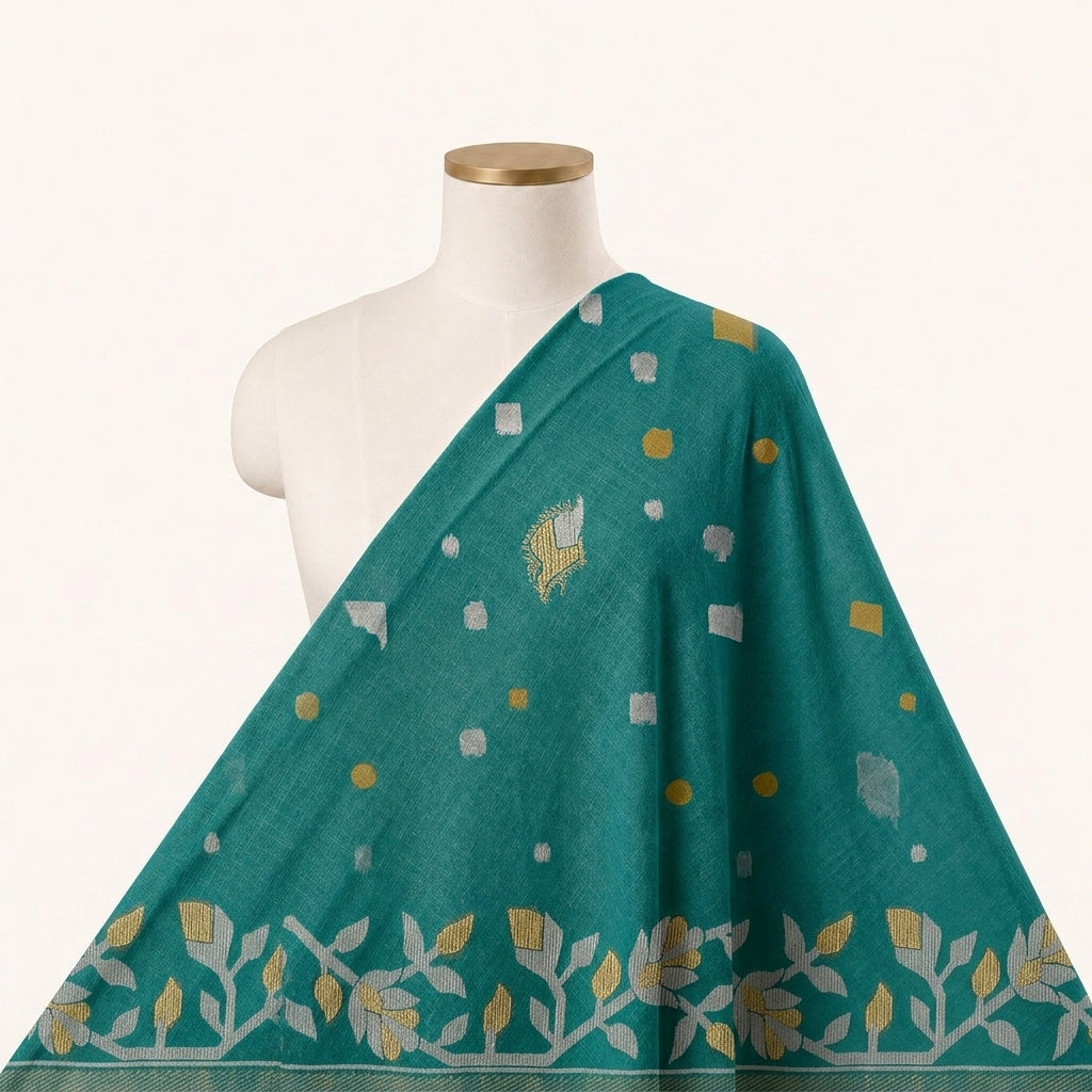 Green Zari Chanderi Fabric Draped as a saree