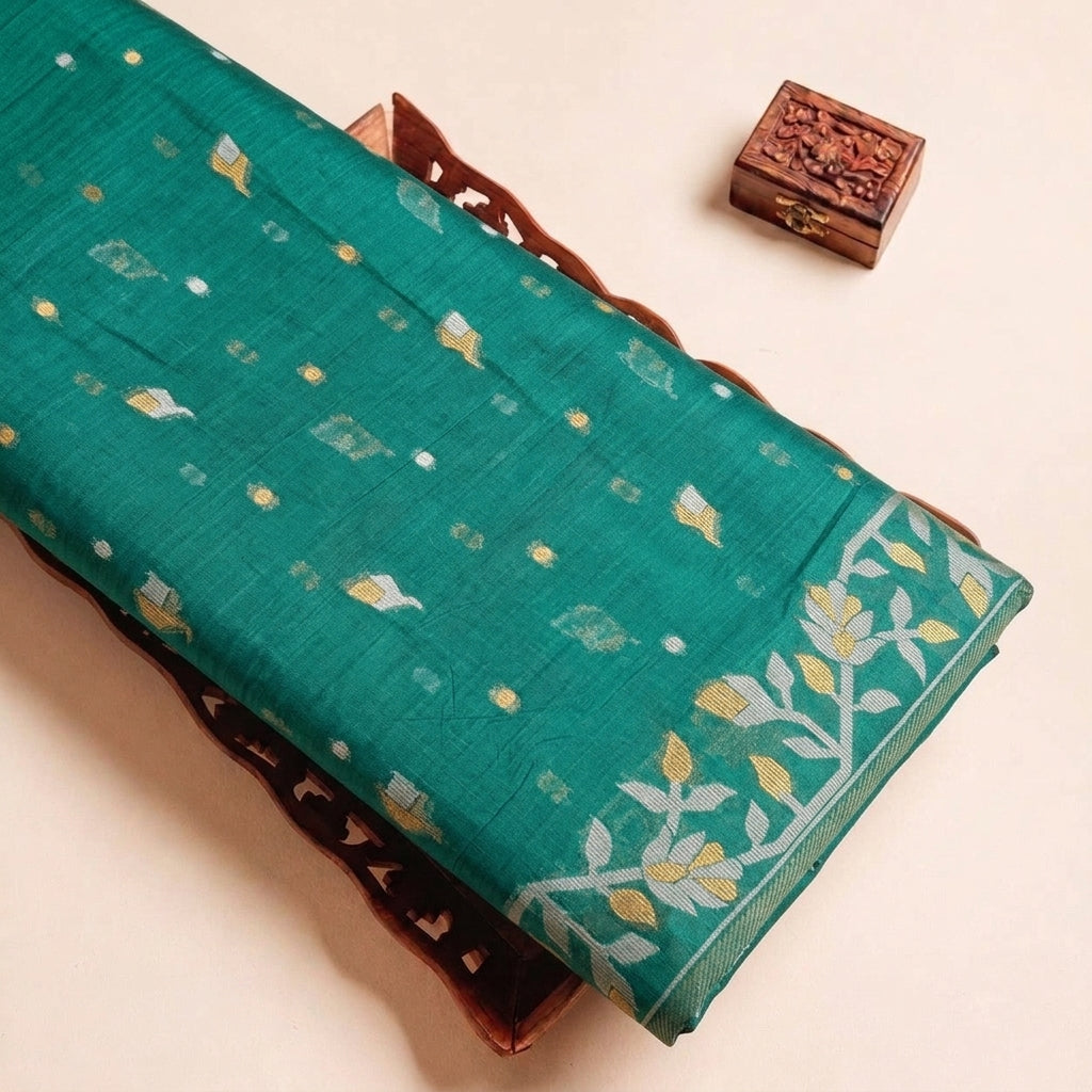 Green Zari Chanderi Fabric, folded