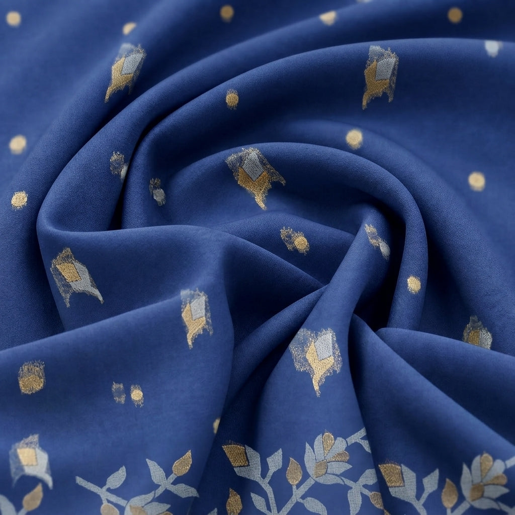 Swirled Blue Zari Chanderi Fabric Showing Drape