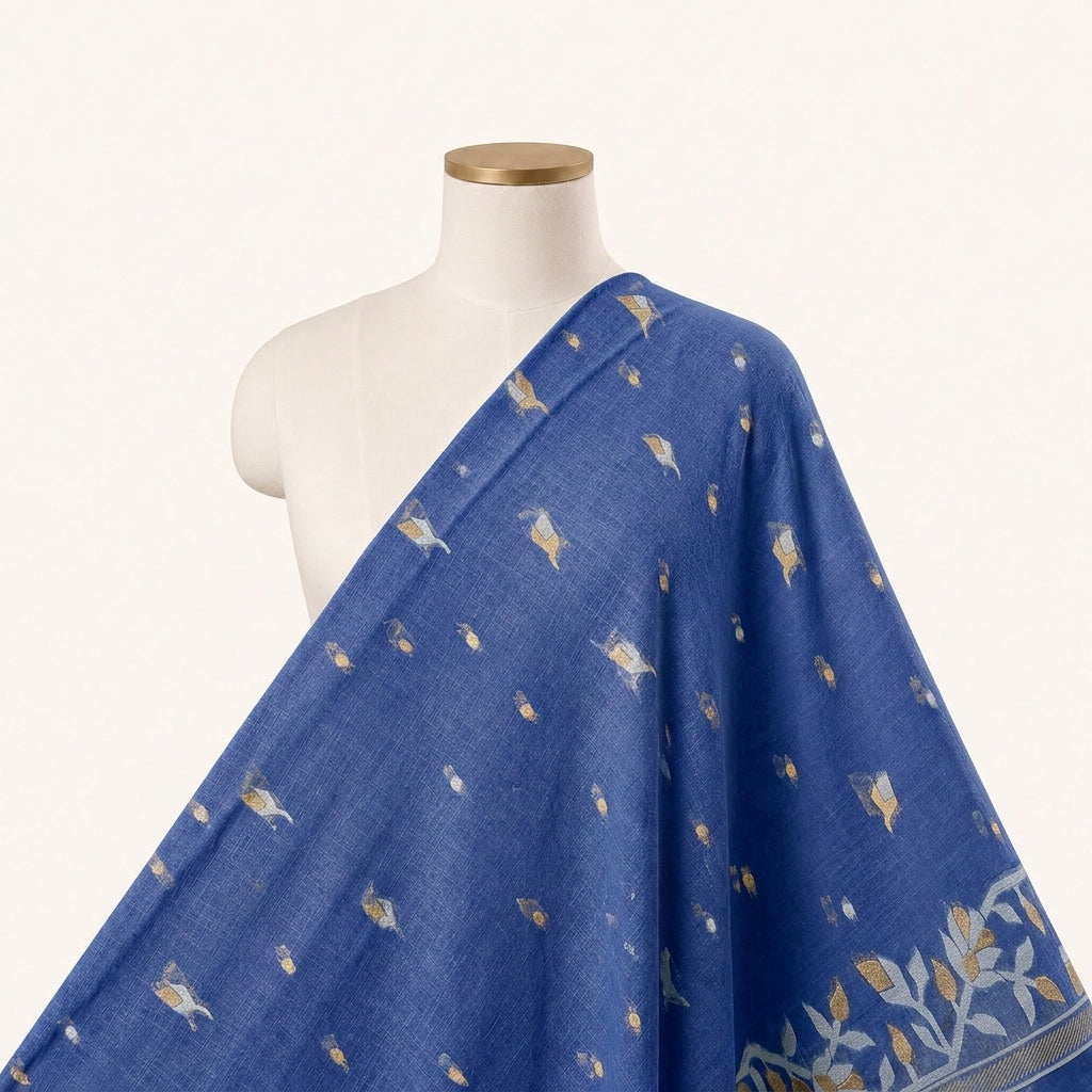 Blue Zari Chanderi Fabric Draped as a saree