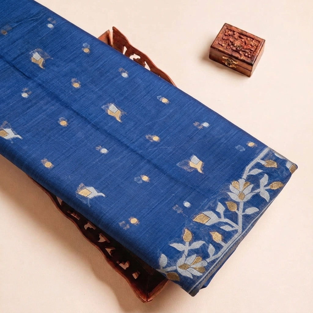 Folded Blue Zari Chanderi Fabric Highlighting Texture