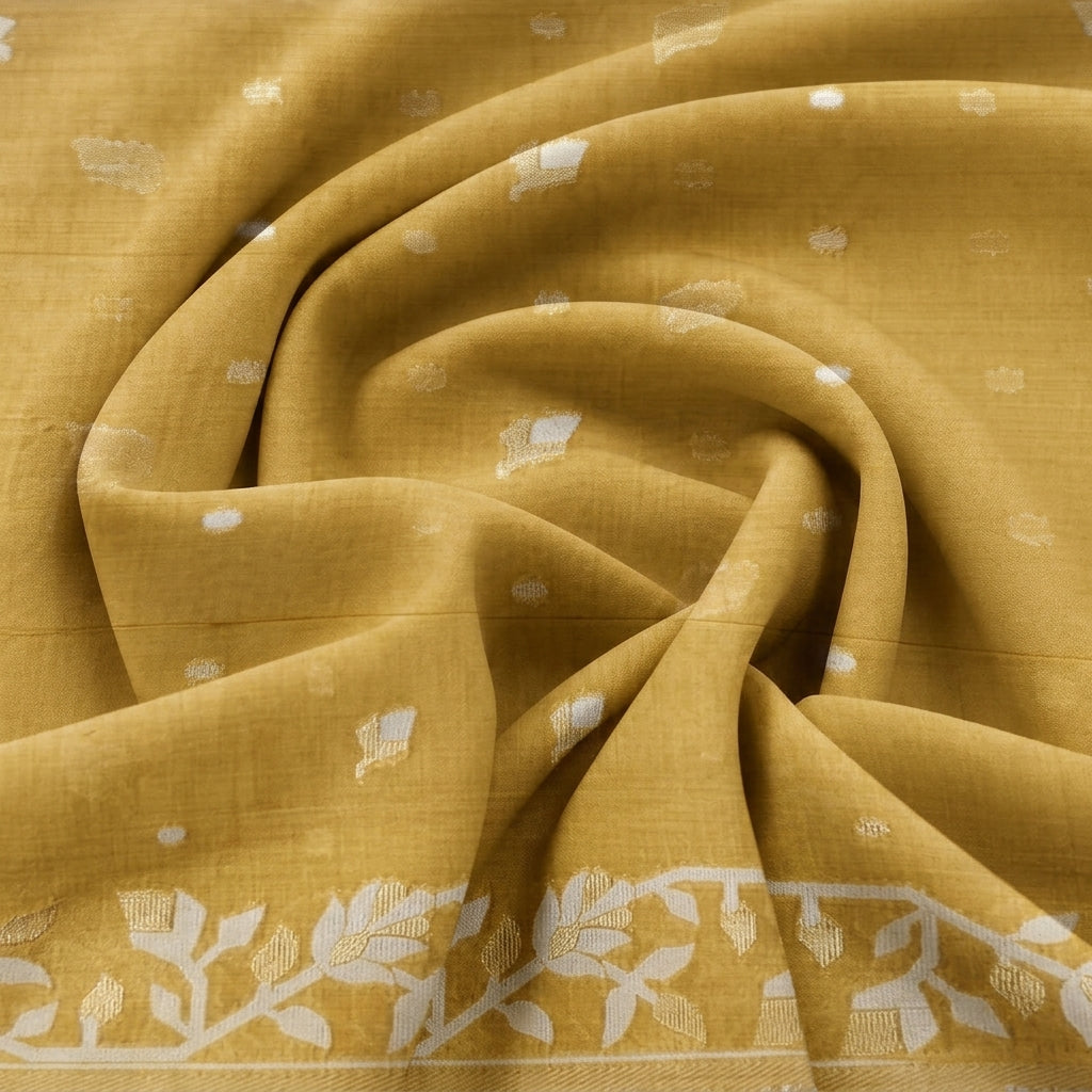Swirled Mustard Yellow Zari Chanderi Fabric Showing Drape