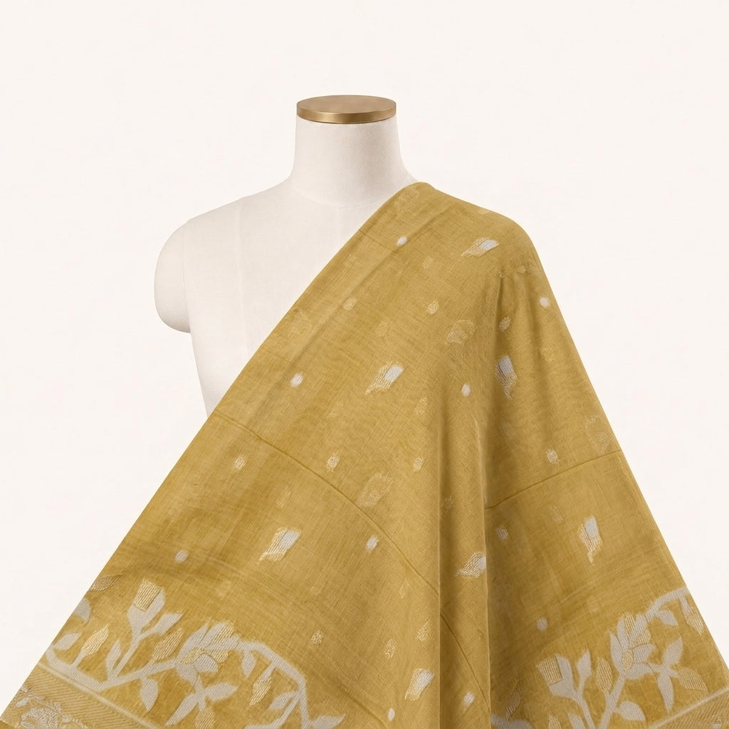 Mustard Yellow Zari Chanderi Fabric Draped as a saree